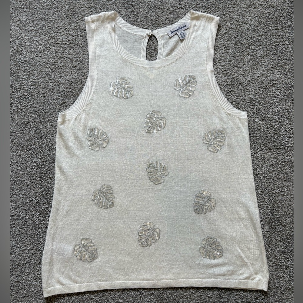 Tommy Bahama Cream Tank Top with Silver Leaf Embellishments